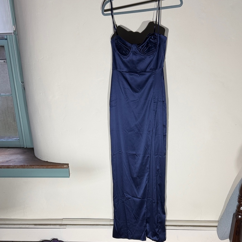 Elegant Navy Blue Spaghetti Strap Maxi Prom Dance Dress